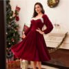 Vestido vintage de terciopelo rojo de manga larga para fiesta de Navidad para mujer,