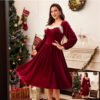 Vestido vintage de terciopelo rojo de manga larga para fiesta de Navidad para mujer,