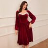 Vestido vintage de terciopelo rojo de manga larga para fiesta de Navidad para mujer,