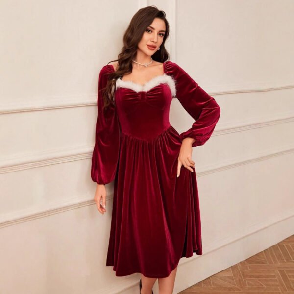 Vestido vintage de terciopelo rojo de manga larga para fiesta de Navidad para mujer,