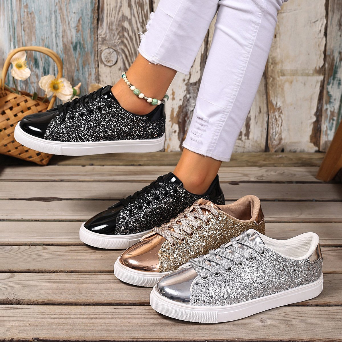 Plus Size Sequined Front Lace-up Solid Color Plus Size Board Shoes