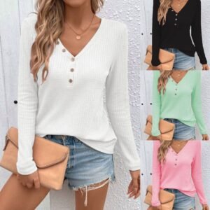 Camiseta de manga larga con botones y cuello en V tipo gofre